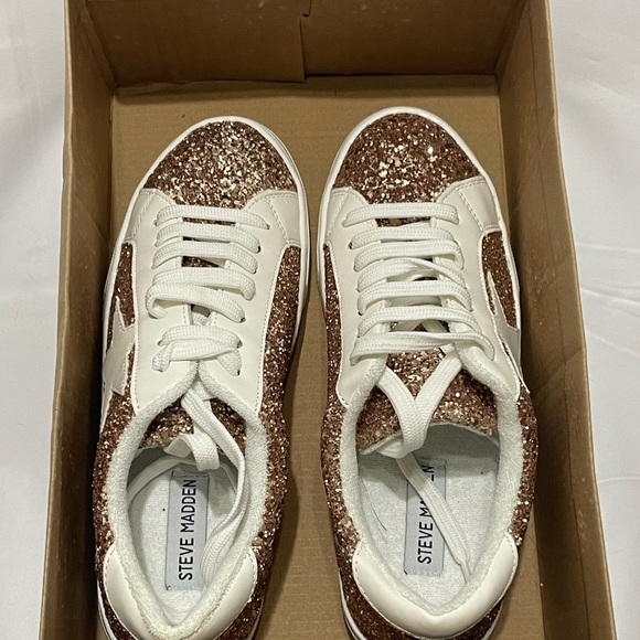 Steve Madden Rose Gold Glitter Low-Top Sneakers with White Accents - Picture 2 of 11